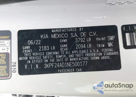 2022 Kia Forte Lxs z USA, uszkodzony, nr VIN 3KPF24AD1NE500177